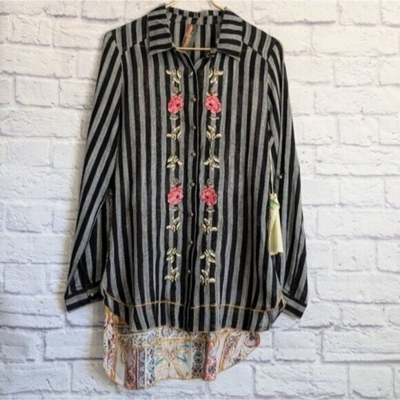 Aratta Silent Journey Striped Floral Embroidered Top S NEW High Low Tunic Boho - Picture 1 of 5
